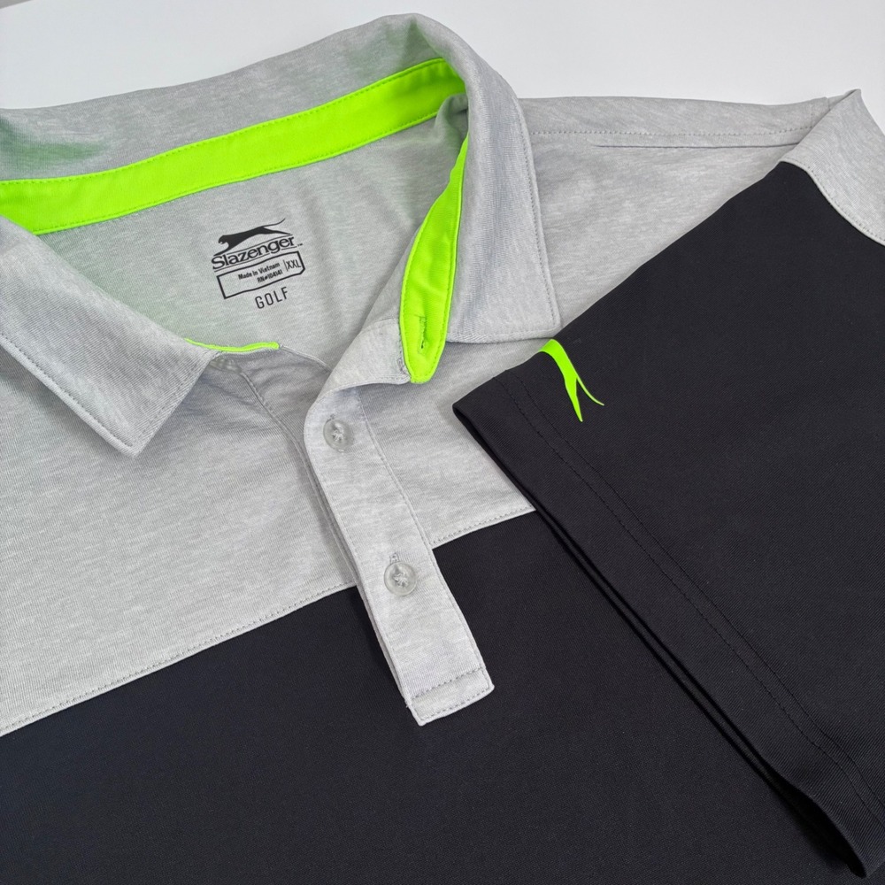 Slazenger Golf Polo Shirt Mens XXL Gray Black Colorblock Lime Green RN104141